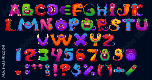 Cartoon bugaboo font, monsters type, funny bogle typeface, English scarecrow alphabet letters, punctuation marks and numbers showcase playful, whimsical, fantasy creatures for children fun learning