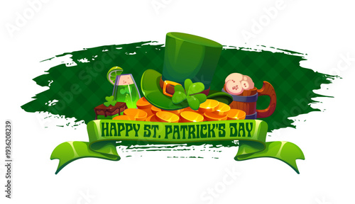 Happy St Patrick Day grunge banner. Vector leprechaun hat and gold coins with lucky clover, green beer, cocktail and cake cartoon banner, St Patrick Day Irish holiday green party flyer or poster