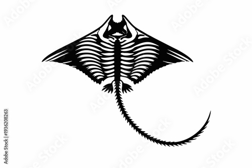 Stingray fish bone anatomy in monochrome silhouette, marine skeleton design with spread fins and spiny tail, ocean wildlife concept, high contrast black vector isolated on white background