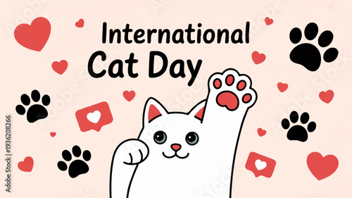 White cat celebrating international cat day with hearts and paw prints on pink background festive and cute