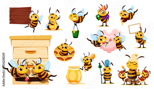 Cartoon funny bee characters flying with honey buckets near beehive at beekeeping farm. Vector cute bee workers and queen insect characters with honeycombs, honey jars, flowers and wood sign board