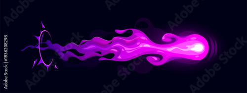 Cartoon pink game gun effect, beam or energy blast of laser gun, blaster or alien space weapon. Vector Vfx lightning bolt, bomb explosion, alien attack. Magic fireball, power wave for futuristic game