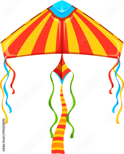 Festival paper kite with red and yellow striped wings, long green, blue and yellow ribbon tails. Makar Sankranti flying toy, kid outdoor sports cartoon isolated vector triangular kite with red stripes