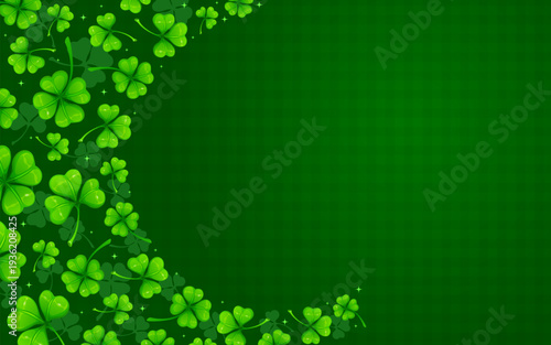 Shamrock clover leaves background, vector St Patrick Day holiday. Cartoon lucky four petal clovers wave, green shamrock leaves border line at Irish pattern background, St Patrick Day spring festival