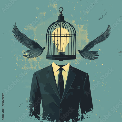 Professional man in a suit with a lightbulb head trapped inside a birdcage with wings representing restricted ideas and creative blocks. , vector style simple color