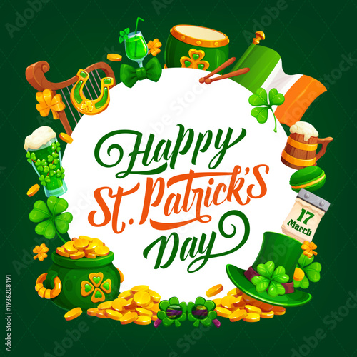 Happy St Patrick's day greeting card with Irish holiday items. Ireland folk holiday vector greeting card, St Patrick party banner with musical instruments, ale or beer, leprechaun pot of gold and hat