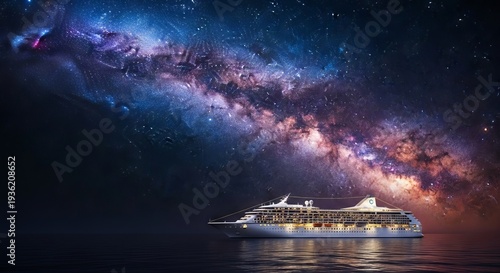 An elegant white cruise liner glides under a breathtaking luminous cosmic star band, showcasing luxurious night travel and celestial beauty, sleek, adventure, luminous stars