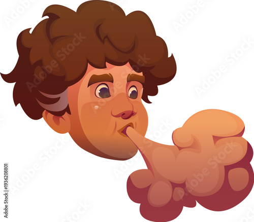 Cartoon wind symbol from pirate map shows a curly haired face blowing strong air puff forming soft rounded clouds. Vector retro fantasy navigation symbol, weather character icon for sea adventure