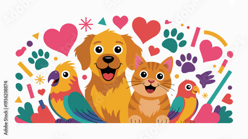 Colorful pets and animals with hearts and symbols