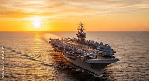 Expansive panoramic of a mighty aircraft carrier with a fighter squadron on its deck. Golden light reflects brilliantly on the calm sea surface, warship, panoramic view, blue ocean
