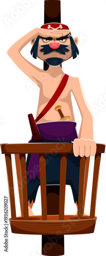 Brave pirate sailor cartoon character. Serious, slender pirate with black beard and mustache, red bandana, and dagger at his belt, gazing from the ship's mast. Cartoon vector personage for kids party