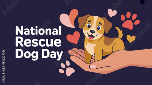 National rescue dog day illustration with cute brown dog on a hand surrounded by hearts and paw prints