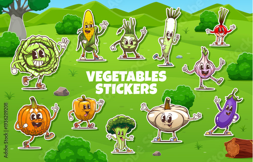 Groovy vegetable characters stickers. Vector smiling cabbage, dancing corn, long leek, cheerful radish, kohlrabi, bell pepper, purple eggplant, broccoli, orange pumpkin, garlic cartoon characters