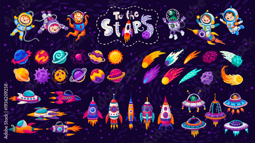Cartoon kids astronauts with spaceships and rockets, galaxy shooting stars and space planets, vector icons. Kid astronaut or spaceman with asteroids and meteors, UFO saucer and funny alien characters