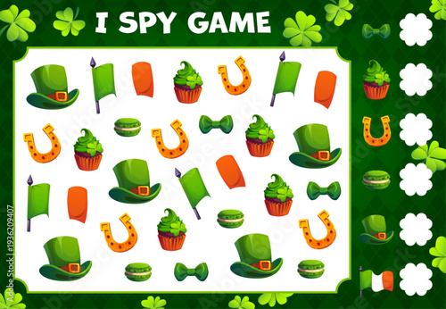Happy St Patrick Day I spy game vector worksheet. Irish holiday objects matching puzzle game quiz with green clovers background frame. Cartoon St Patrick Day leprechaun hats, Ireland flags, horseshoes