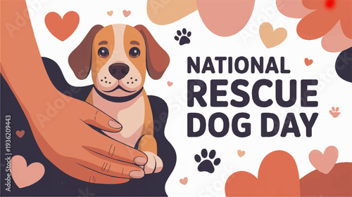 National rescue dog day illustration with cute puppy and heart shapes