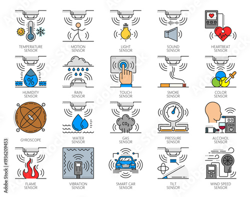 Smart control sensor color line icons of IoT electronics technology, vector pictograms. Pressure and gas sensor icons, alcohol tester, vibration, temperature or light sensor, motion or sound detector