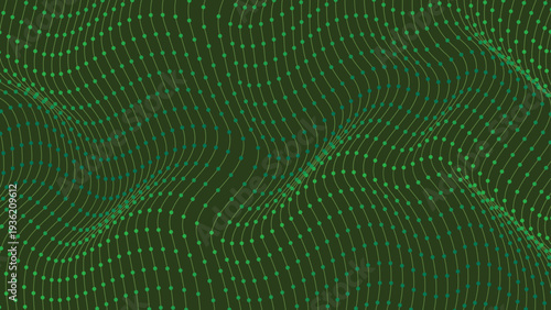 Digital green abstract background featuring a fluid wave pattern and geometric vector lines with a blue spiral motion design on a textured tech wallpaper backdrop