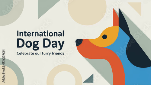 Vibrant dog head in blue orange and yellow hues on geometric background for international dog day