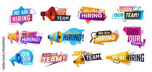 We are hiring, hire offer join our team icons. Job vacancy announcement, hr and career opportunity vector social media signs with retro megaphone loudspeaker, magnifying glass and speech bubble
