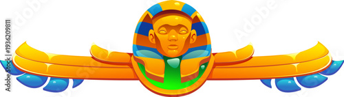 Ancient Egypt ornament, Egyptian divider vector frame border with pharaoh mask in striped blue and yellow headdress. Ancient Egypt museum arcade game asset with golden wings, and blue gems as feathers