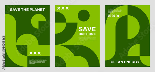 Ecology environment posters with green geometric abstract pattern. Vector background of modern green shapes and geometric elements. Save planet, ecology environment and clean energy posters set