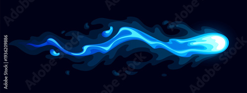 Cartoon blue game gun or glowing magic wizard power wave, vfx light effect. Fantasy glow wave of energy. Vector neon magic light with abstract sparkle trail for combat game, animation or fx effects