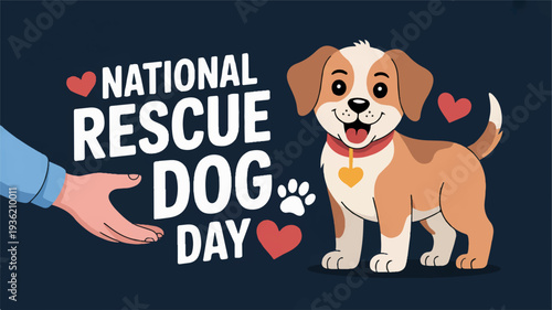 National rescue dog day illustration with happy brown and white dog and hand