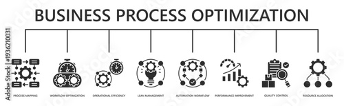 business process optimization web banner icon vector illustration with process mapping, workflow optimization, operational efficiency, lean management, automation workflow, and more