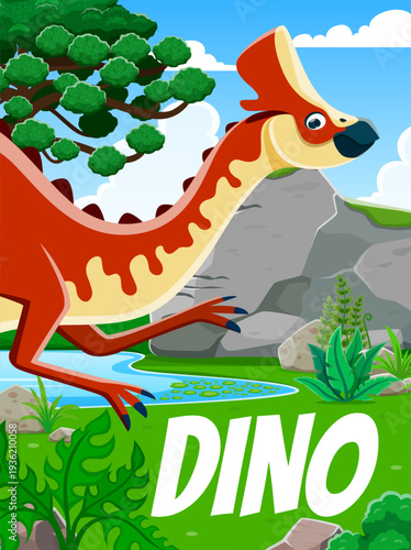 Prehistoric dinosaur character, jurassic era vector poster. Cartoon cute amurosaurus dino animal in prehistoric jungle forest. Paleontology science education banner with funny extinct lizard dinosaur