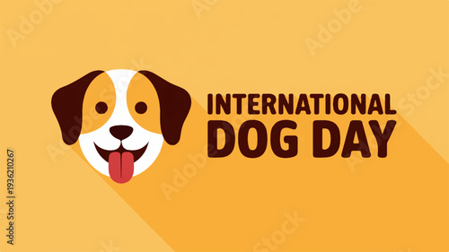 Happy international dog day celebration with smiling dog face icon on orange background