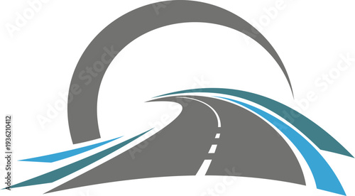 Asphalt highway road vector symbol, route icon. Minimalist road with curving gray highway and white dashed lines stretching toward a arc. Car rental, logistics and travel road icon