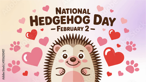National hedgehog day february 2nd illustration with cute hedgehog cartoon surrounded by hearts and paw prints on pastel background
