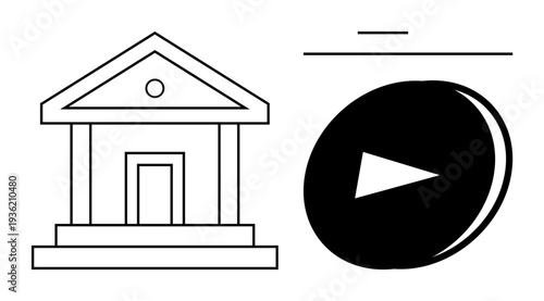 Banking, financial services, online media, digital economy, multimedia platforms, modern fintech. A bank building icon alongside a play button. Banking and financial technology concept