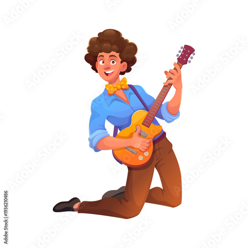 Cartoon Energetic Musician Man Playing Electric Guitar with Joyful Expression