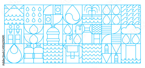 Abstract geometric water and drink pattern. Vector blue linear background representing clean water sources, droplets, bottles, dispensers and waves arranged in grid. Tile for sustainability, hydration