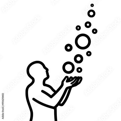 Stylized person icon with cupped hands holding rising circles representing innovative ideas, creative thinking, inspiration, growth, and potential development, presented as a versatile graphic on tran