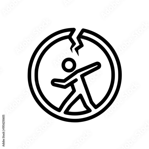 Stylized black outline icon showing a human figure breaking free from a cracked circular barrier, symbolizing overcoming challenges, breaking limits, and achieving breakthrough success on transparent 