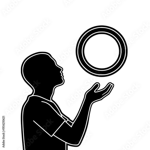Silhouette of person looking up towards a floating ring object representing focus challenge opportunity achievement or balancing elements on transparent background
