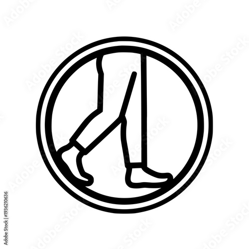 Simple black outline vector icon illustration of human legs walking within a double-lined circular frame, representing pedestrian movement, journey, or steps, for design elements or safety signage, on