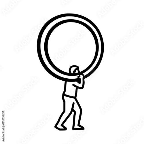 Man carrying large heavy circular object on his back symbolizing burden, challenge, and immense effort in a minimalist line art illustration, representing struggle and perseverance on transparent back