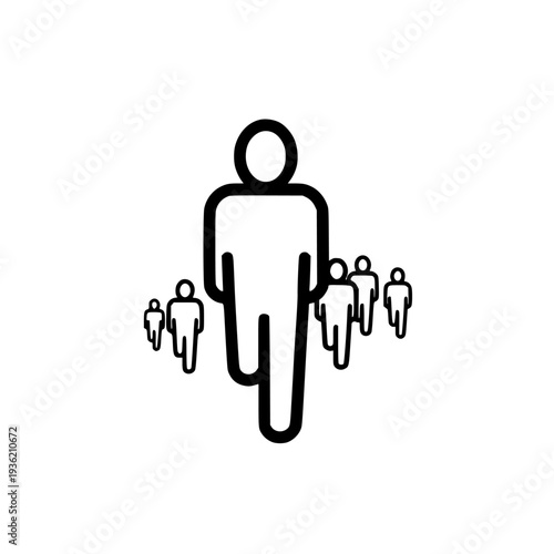 Large figure leading a group of smaller people icons representing leadership hierarchy management delegation or teamwork structure on transparent background