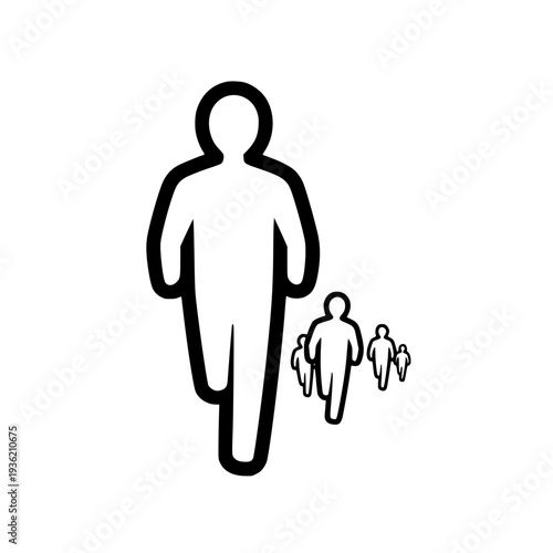 Stylized icon representing a leader figure walking ahead of a small group following closely behind demonstrating guidance and direction on transparent background. on transparent background