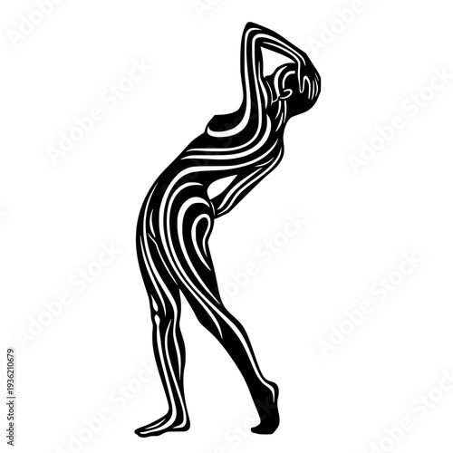 Abstract flowing line art depiction of a sensual female figure posing elegantly with arms raised over head on transparent background