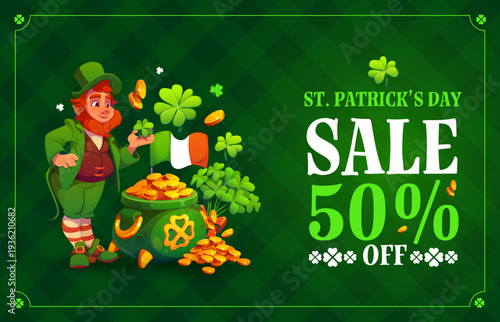 Happy St Patrick Day sale banner of vector Irish holiday half price special offer. Cartoon leprechaun character with gold pot, lucky shamrock clovers and coins banner, St Patrick Day sale promotion