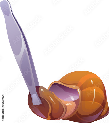 Escargot snail with shell held by kitchen tongs, isolated cartoon vector culinary ingredient used in gourmet and French cuisine. Cooking process showing seafood delicacy preparation with metal utensil