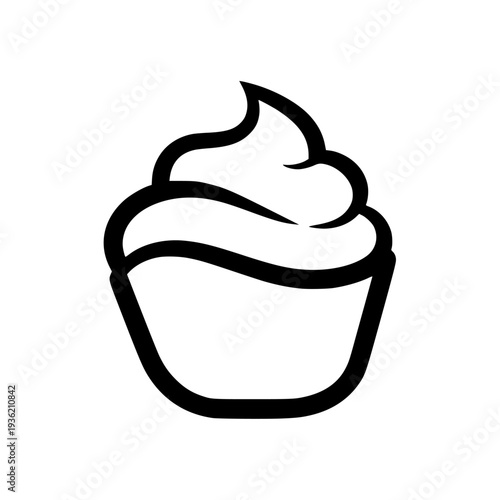 Simple black line icon graphic representing a delicious cupcake or dessert topped with smooth swirling frosting, perfect for food-related designs.