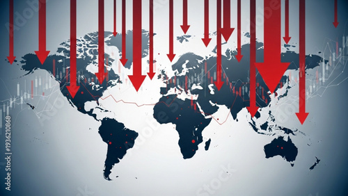 Global economic downturn illustrated with red arrows pointing down on a world map, symbolizing decline and crisis worldwide