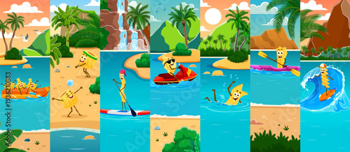 Cartoon cheerful Italian pasta characters on banana boat, paddle surfboard, jet ski, kayak and surfing board, playing volleyball and swim in the sea. Vector collage of funny food personage on vacation