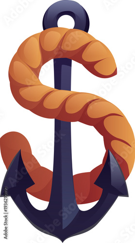 Pirate font of Caribbean corsair ship anchor for piracy type, cartoon vector typeface. Dollar symbol of sailboat anchor with rope line for pirate font or corsair type and marine typography sign